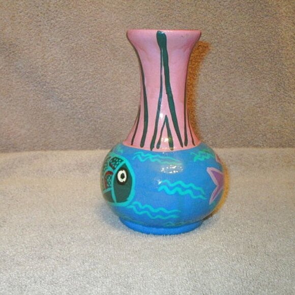 Vtg Mexican Talavera Pottery Vase Hand Painted Fish Folk Art Reversible Colors - Picture 3 of 6